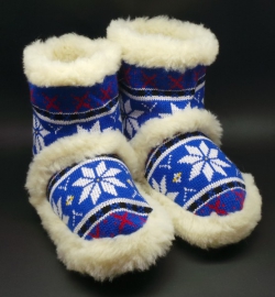 Hausschuhe Hüttenschuhe Lammfell Schaffell blau-weiss