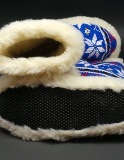 Hausschuhe Hüttenschuhe Lammfell Schaffell blau-weiss